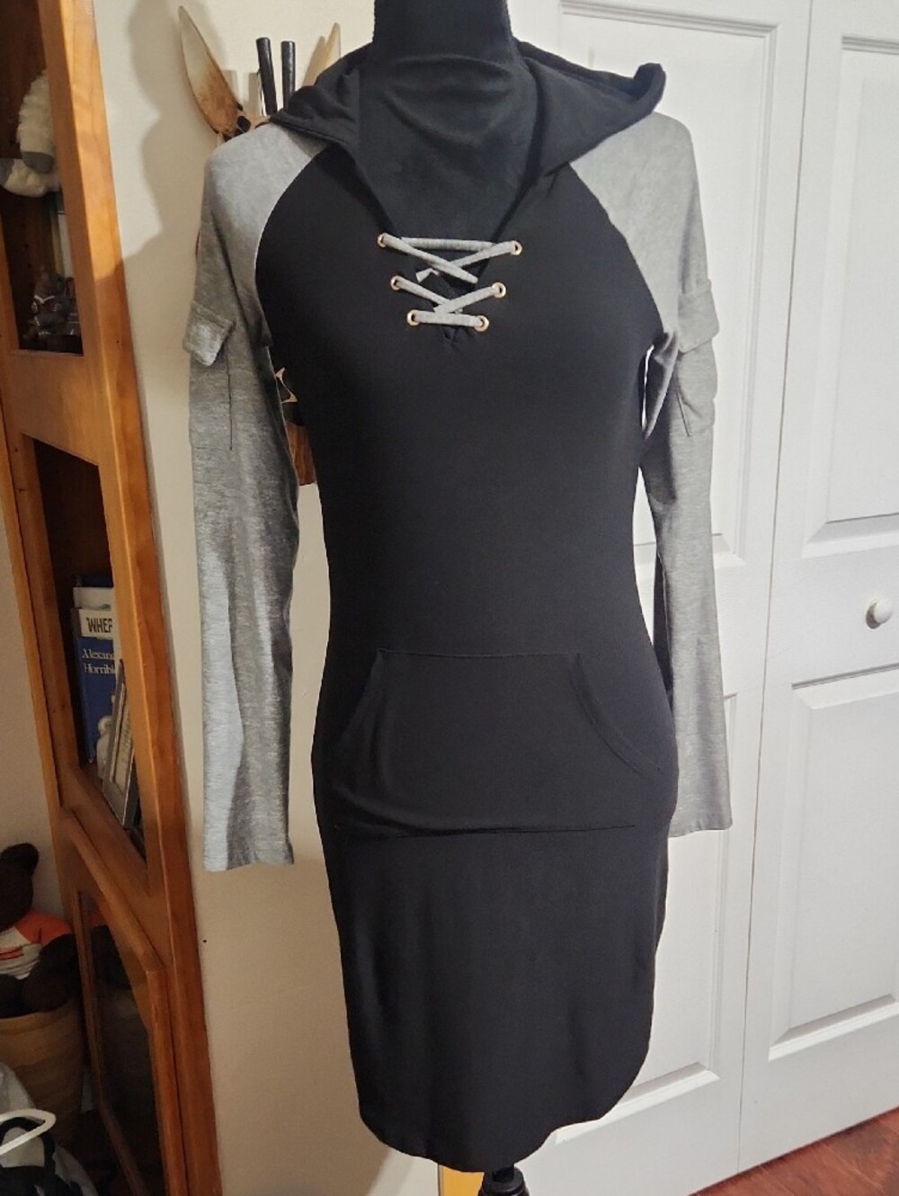 Derek Heart Black Hoodie Dress with Gray Raglan Sleeves and Lace-Up Neckline